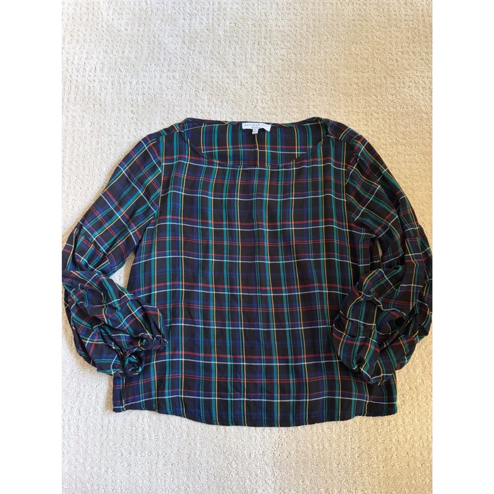 Current Air Plaid Blouse Womens S Multi Color Puff Sleeve Autumn Dark Academia